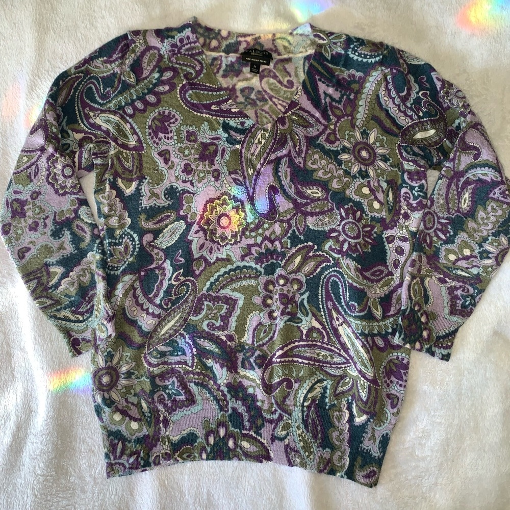 Talbots Merino Wool Paisley V-Neck Sweater